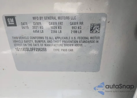 2015 Chevrolet Malibu 1Fl z USA, uszkodzony, nr VIN 1G11A5SL0FF296268